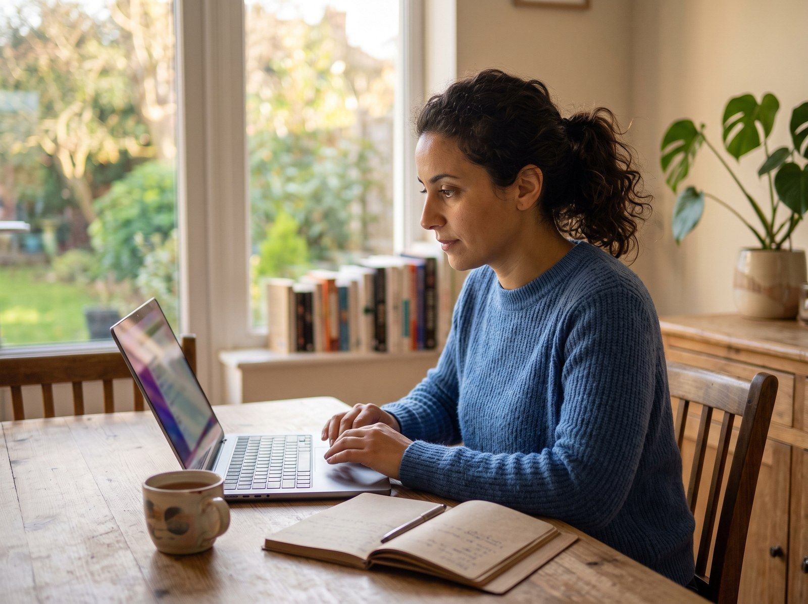 Une femme suit un module de français sur son ordinateur portable, à la table de sa cuisine, un carnet ouvert à côté d’elle.