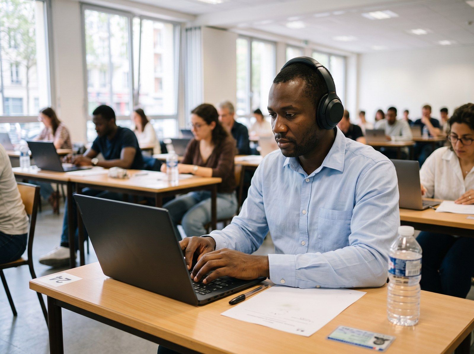 Un candidat, casque sur les oreilles, passe une épreuve de français sur ordinateur dans une salle d’examen.